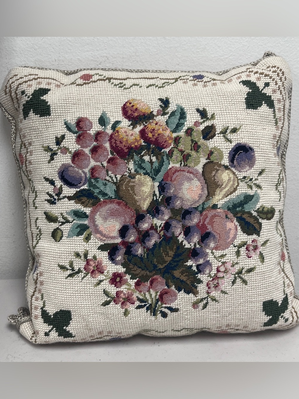 Vintage- NEW Lins lace needlepoint pillow floral Cream fruit 13" NWOT handmade
